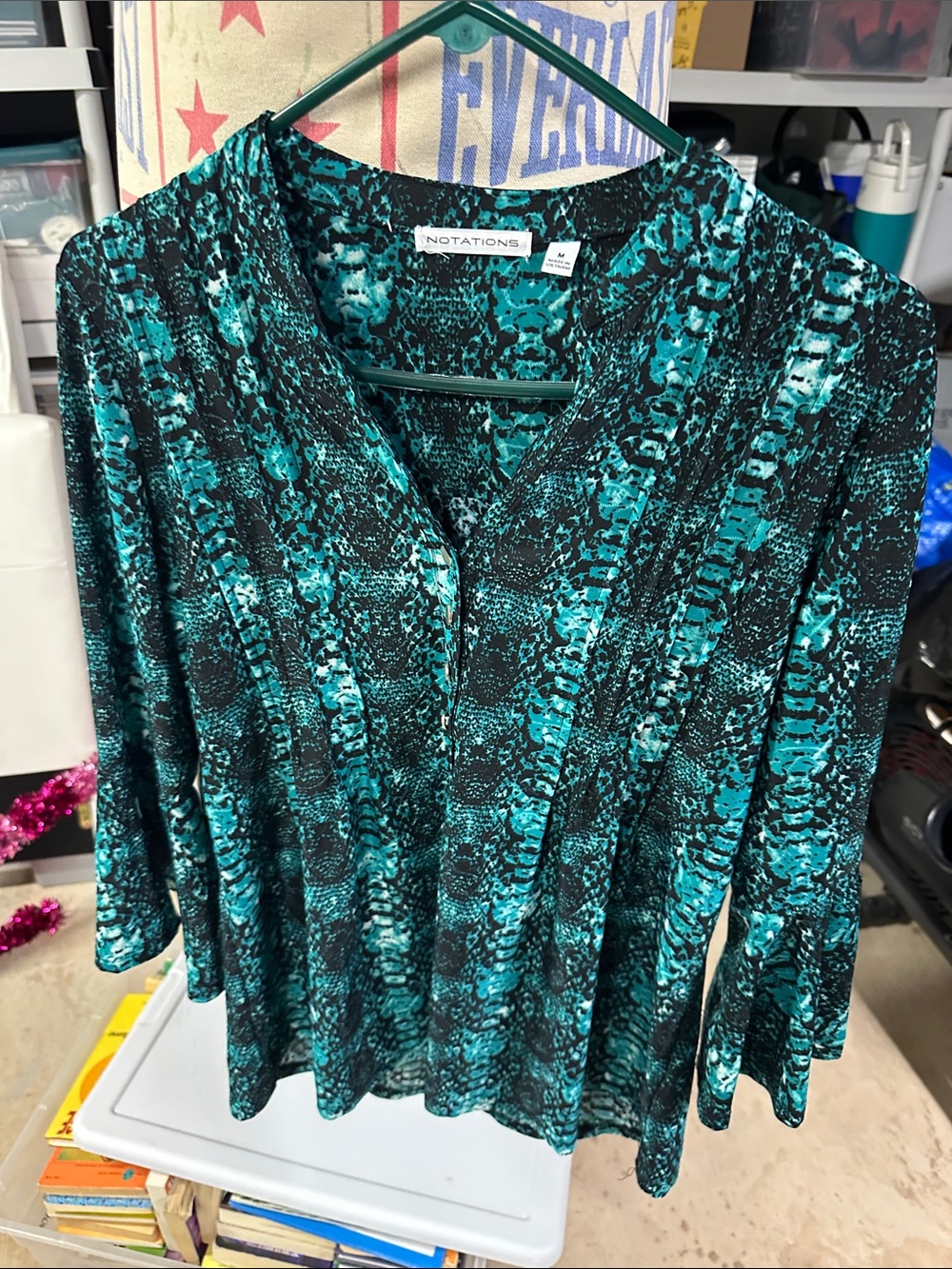 Notations Teal & Black Printed V-Neck Blouse